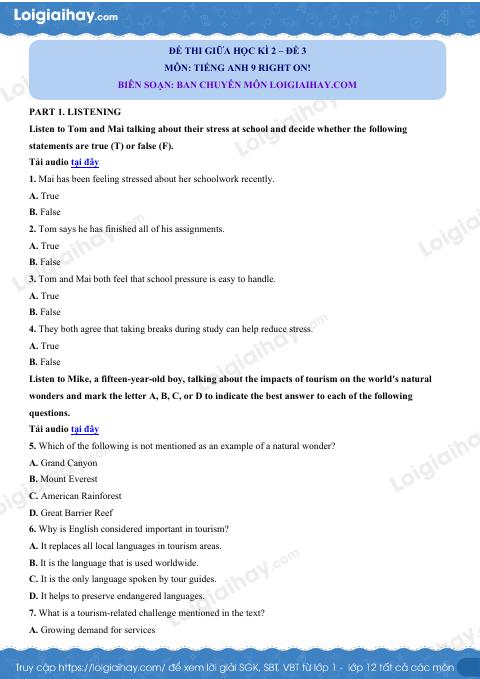 Đề thi giữa kì 2 Tiếng Anh 9 Right on! - Đề số 3